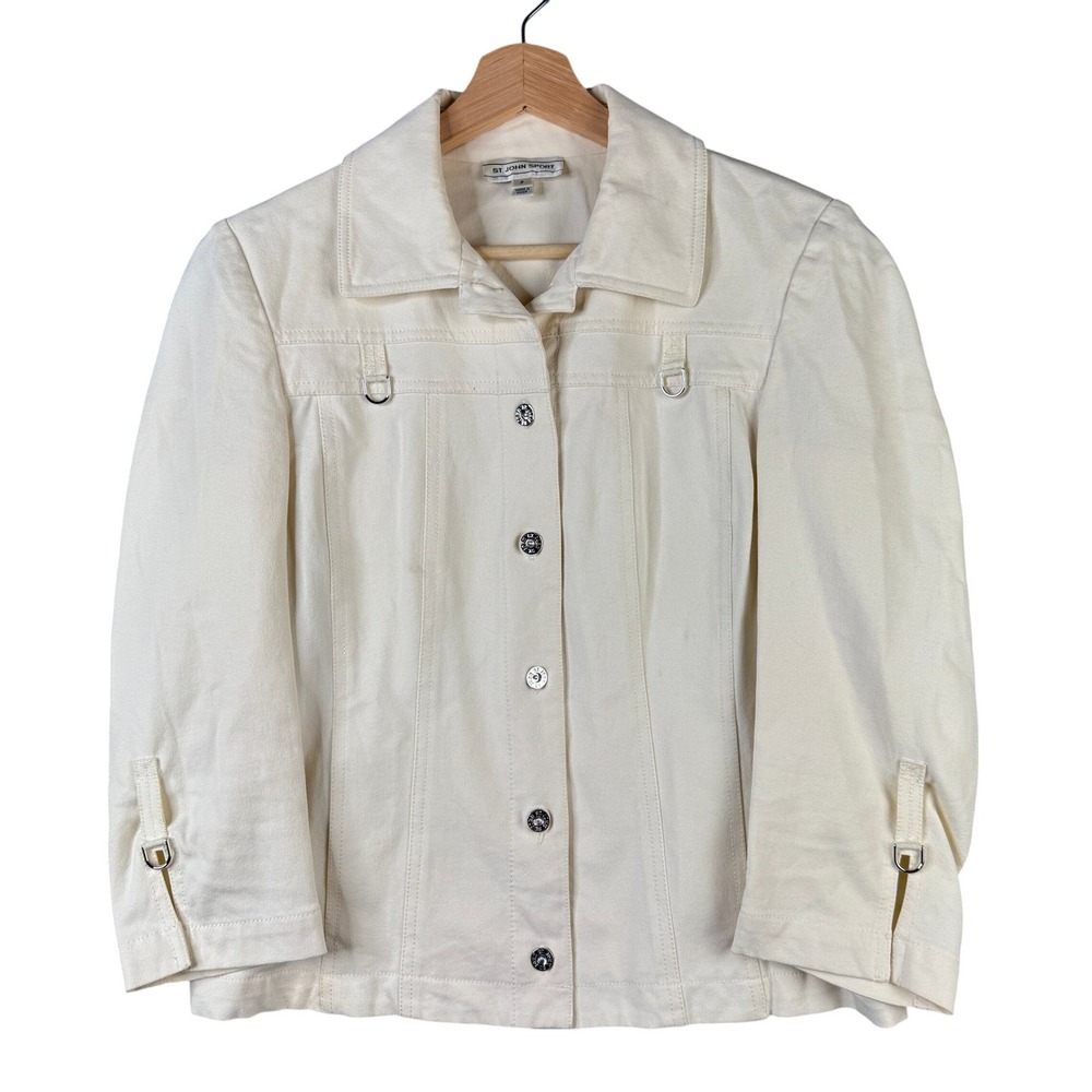 St John Sport Cream Cotton Stretch 3/4 Sleeve Button Front Jacket Size P